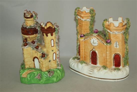 Six Staffordshire porcelain models of castles, mid 19th century, 9 - 16.5cm